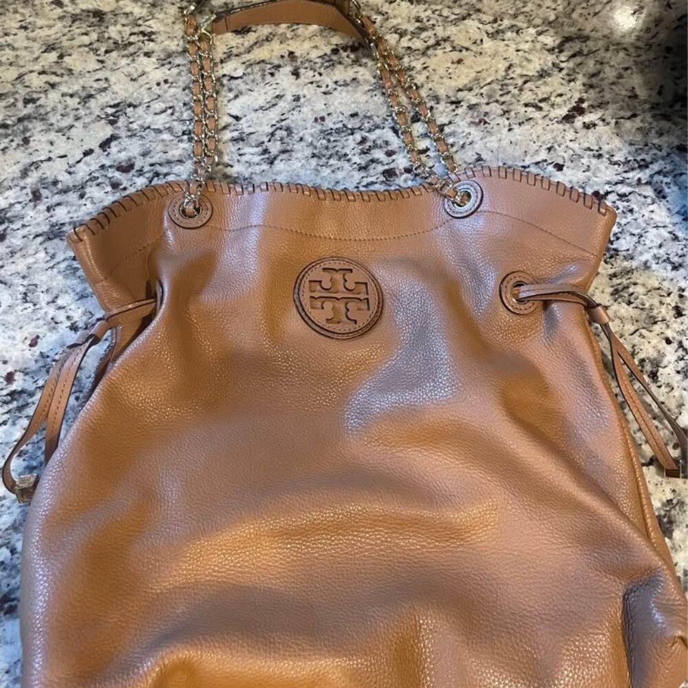 Tory Burch camel and gold shoulder bag